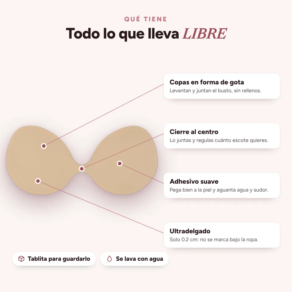 Qué tiene LIBRE: copas en forma de gota, cierre al centro y adhesivo suave